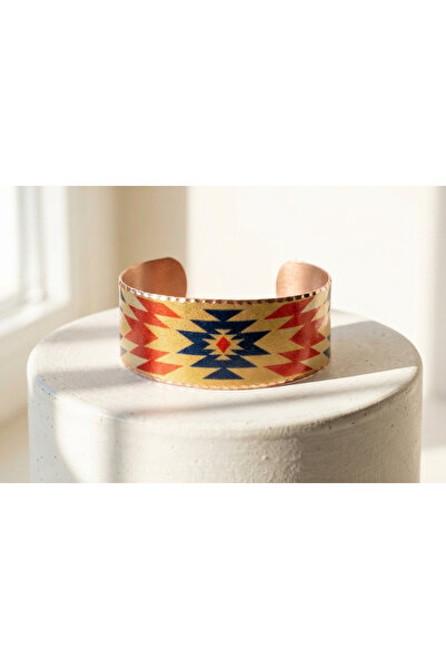 Erol Bakır Copper Anatolian Kilim Patterned Wide Adjustable Clamp Bracelet