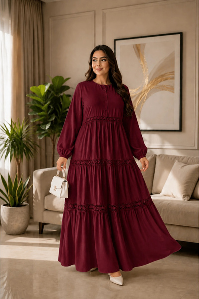 AZRA BUTİK Magnolia Pattern Lace Detailed Dress Burgundy