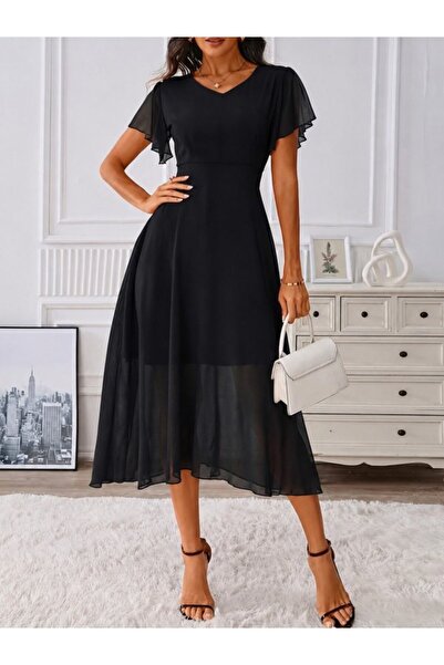 Wear Up Women's Short Sleeve V-Neck Midi Lined Chiffon Dress