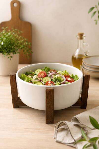 HAZARPAZAR Porselen Salata Kasesi Akasya Ağacı Standlı - Diyet Bowl