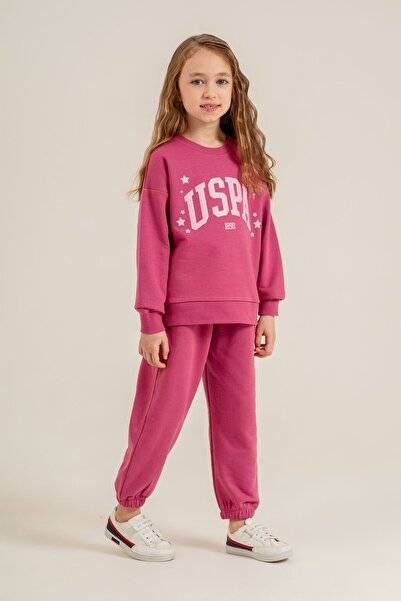 U.S. Polo Assn. طقم رياضي بناتي مطبوع باللون الأرجواني بأكمام طويلة US2732-C-V2