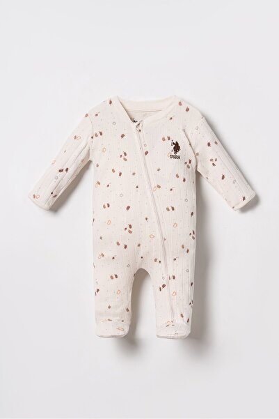 U.S. Polo Assn. Baby Boy Falling Leaves White Jumpsuit with Booties Usb3102-C-V1
