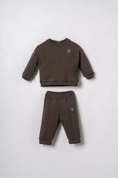 U.S. Polo Assn. طقم بيجامة للأطفال الأولاد مطرزة باللون البني بأكمام طويلة US...