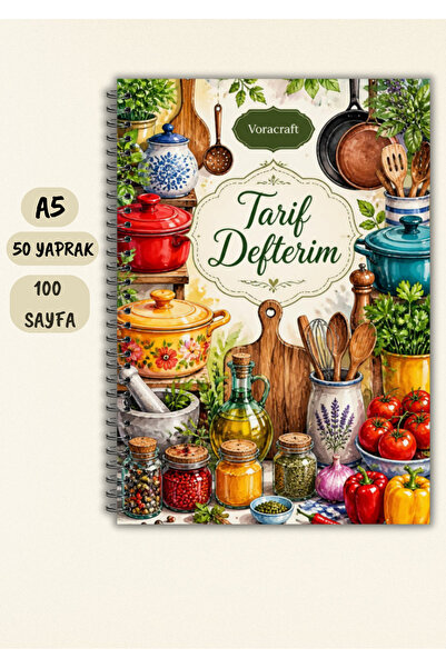 VORACRAFT Renkli Yemek Tarif Defteri, 50 Yaprak /100 Sayfa, A5 / Tel Spiral T...