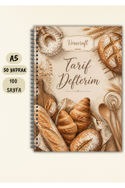 VORACRAFT Rustic Tarif Defteri, 50 Yaprak /100 Sayfa, A5 / Tel Spiral TRF0022