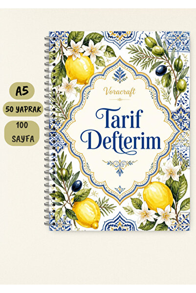 VORACRAFT Yemek Tarif Defteri, 50 Yaprak /100 Sayfa, A5 / Tel Spiral TRF0038