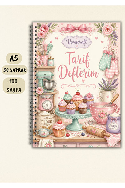VORACRAFT Yemek Tarif Defteri, 50 Yaprak /100 Sayfa, A5 / Tel Spiral TRF0035