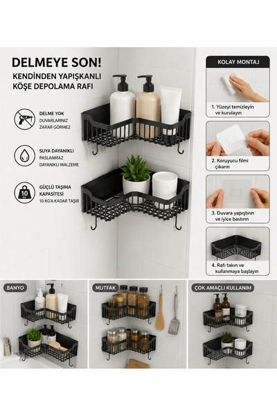 GenelTedarik Yapışkanlı Banyo Köşeliği Rafı 2’li Banyo Düzenleyici Duvar Duş ...