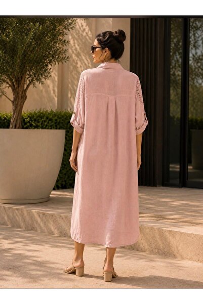 yusracollectionn Women's Italian Linen Mesh Detailed Buttoned Shirt Dress