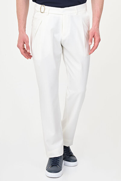 Mcr Straight Slim Fit Pleated Belt Buckle Men's Trousers Ecru - 38369.26Y