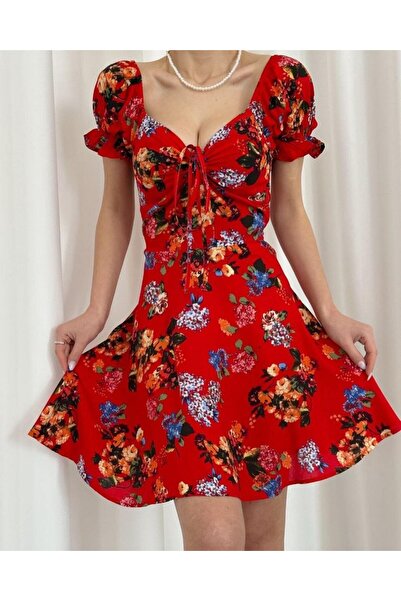 Modafeminen Red Square Collar Short Sleeve Floral Mini Summer Dress 581722