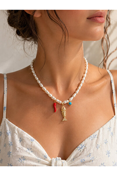 ANKA JEWELLRY Gold Color Women's Steel Necklace with Natural Pearl Looking Fi...