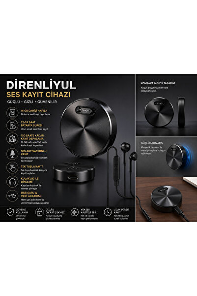 intermax Mıknatıslı Mini Ses Kayıt Cihazı 16 GB Dahili Hafıza ve USB Şarj Öze...