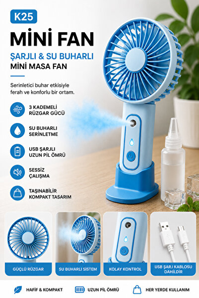 Coverzone Mini Fan Vantilatör Şarjlı Su Buharlı Taşınabilir Masa Fanı Buharlı...