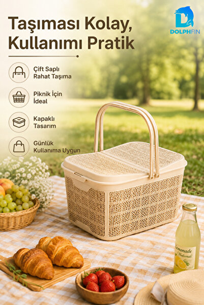 DolphFin Jute Piknik Sepeti 26 L Çok Amaçlı Saklama Taşıma Sepeti Çamaşır Oyu...