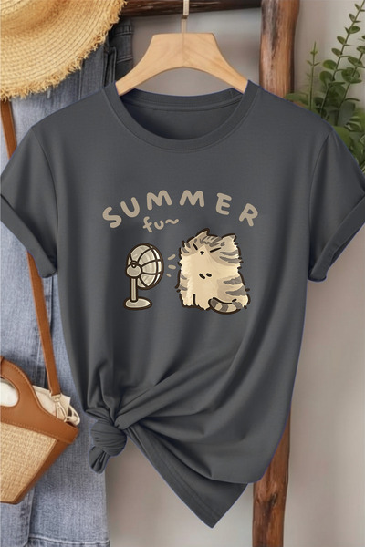 l'eivor Summer Fan Cat Printed Women's Cotton T-Shirt