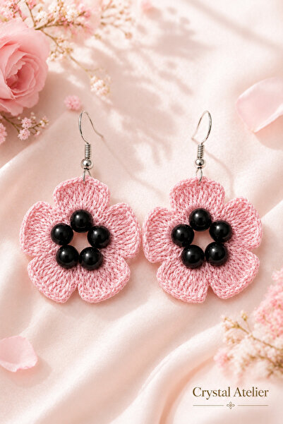 Crystal Atelier Handmade Pink Knitted Flower Earrings Lightweight Dangle Dais...