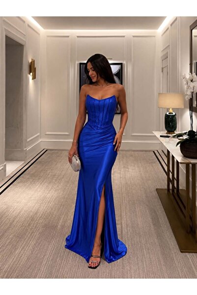 Modafeminen Saks Threaded Strap Beaded Embroidered Corseted Slit Evening Dres...