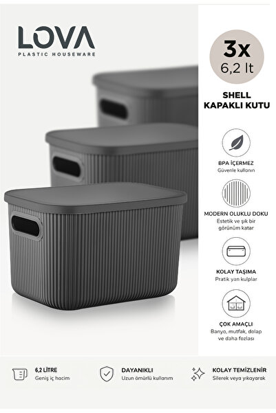 Lova 6 lt Shell Kapaklı Saklama Kutusu (3 adet) (Antrasit)