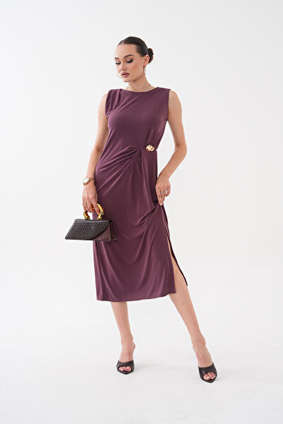 Mega Life Yandan Brooched Pleated Pique Modal Dress