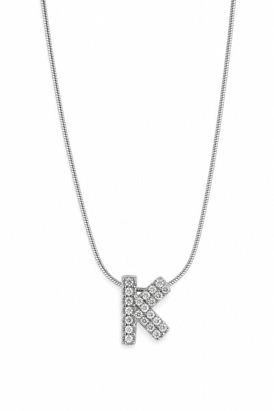 Jack Ferrero Gray Color Steel Necklace with Zircon Stone Letter K Detail - St...