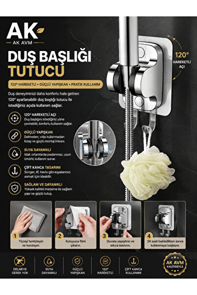 Ak Avm Yapışkanlı Duş Başlığı Tutucu 120° Hareketli Güçlü Vakumlu Delmesiz Askı