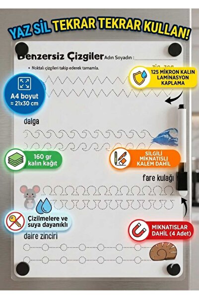 URDE Yaz Sil Eğitici Çizgi Çalışması Panosu Okul Öncesi İnce Motor Gelişimi A...