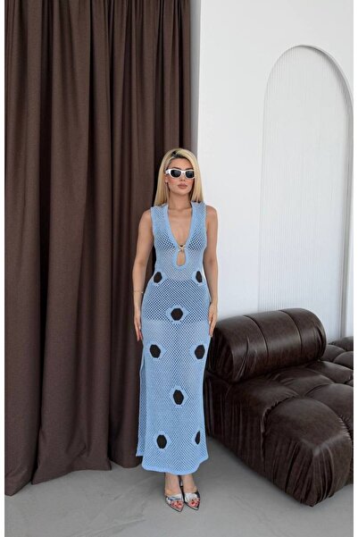 Paraf style Kadın Ajurlu Triko Puantiyeli Maxi Elbise