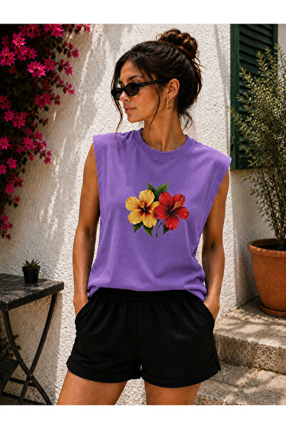 caddekombin Zero Sleeve Floral Printed Cotton Combed Crew Neck T-Shirt