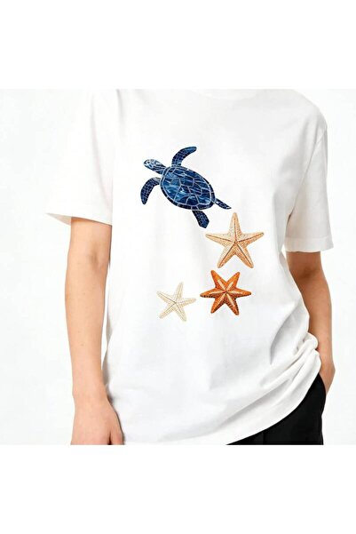 23 nisan Mosaic Style Sea Turtle & Starfish White Women's T-Shirt, 100% Pure ...