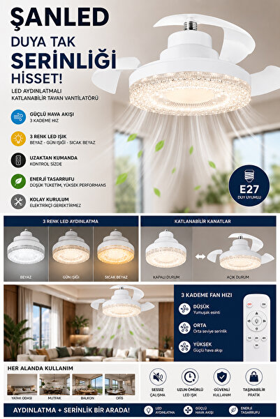 ŞANLED Tavan Tipi Vantilatörlü Kristal LED Ampul 40W Kumandalı 3 Renkli Işık ...