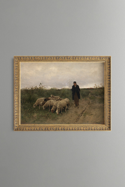 epiqart Shepherd and Sheep - Vintage Patterned Painting - Fine Model