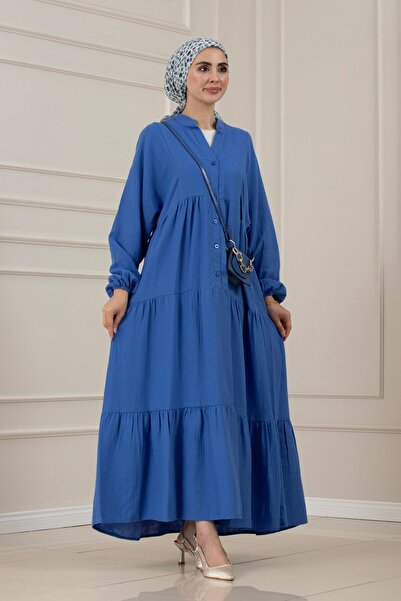 Sevitli Muslin Fabric Robalı İvana Dress-Blue