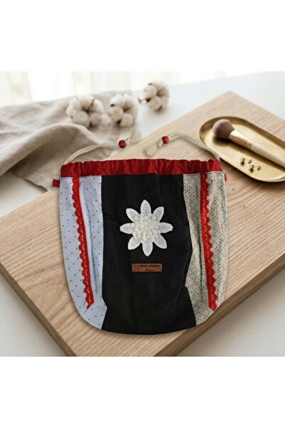 Hanife Baylam Handmade Black Red Detailed Drawstring Organizer Bag 06
