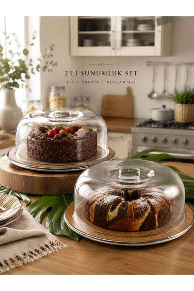Hibana Round Transparent Cover Luxury Cake Jar Set with 2 Wooden Stands