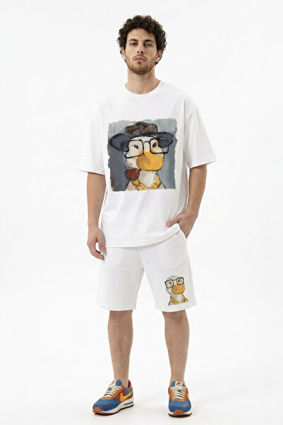 EFFRENATU Men's T-Shirt Shorts Set with Glasses-Wearing Duck Character Print ...