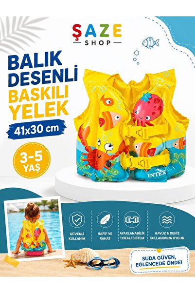 SAZE Balık Desenli Baskılı Şişme Çocuk Yüzme Yeleği 41x30 cm | 3-5 Yaş | Ayar...