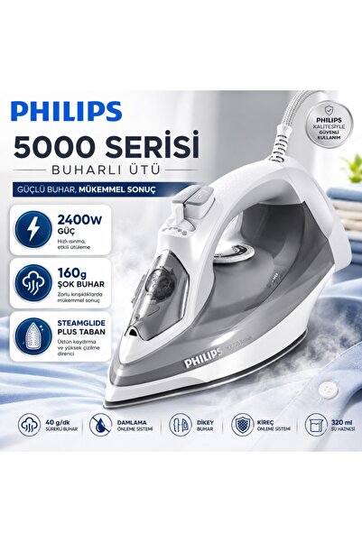 Philips 5000 Serisi Buharlı Ütü, 2400W, 160 g Şok Buhar, SteamGlide Plus Taban,