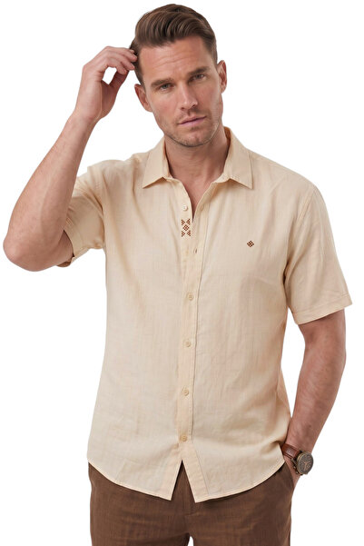 Rizz up Beige Flared Linen Men's Shirt – 100% Cotton Short Sleeve Relaxed Fit...