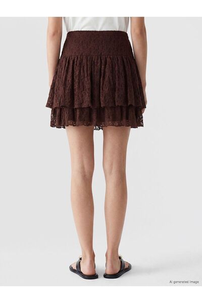 LC Waikiki Lcw Vision Brown Layered Lace Mini Skirt with Elastic Waist
