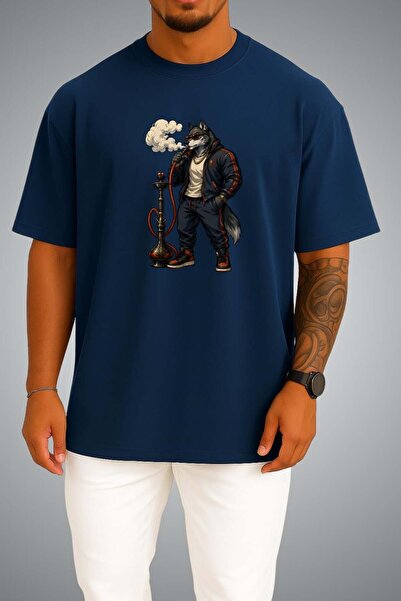 Bahriyeli Collection Oversize Unisex T-Shirt with Wolf Smoking a Hookah Print...