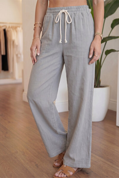 Veleno Women's Gray Muslin Palazzo Pants Wide Leg High Waist