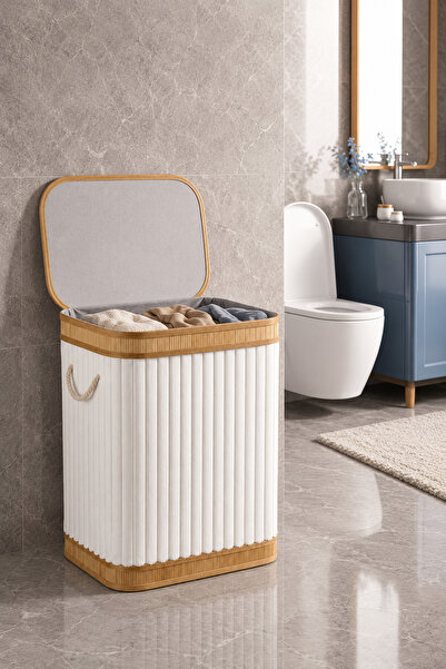 NEWNOW VELORA Collection Bambu Kapaklı Kadife Çamaşır Sepeti 55x35x60 cm Katl...