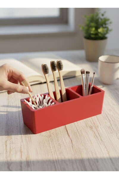 usin Red 3-Compartment Multi-Purpose Tabletop Short Pen Holder Jewelry Makeup...