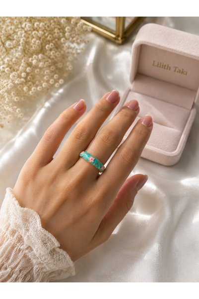 Lilith Takı Turquoise Enamel Daisy Patterned Adjustable Women's Ring |   Gold Color Flower Detailed Elegant Ring