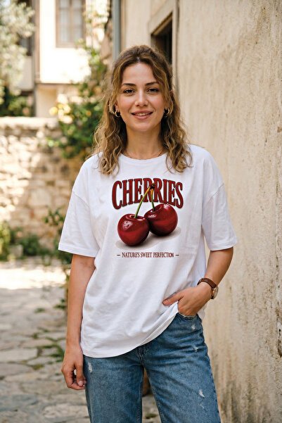 BAGAND Women's Cherries Cherry Printed White T-Shirt Vintage Retro Fruit Cott...