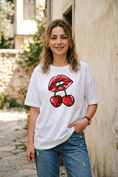 BAGAND Women's Cherry and Lip Printed White T-Shirt Cherry Lips Aesthetic Cot...
