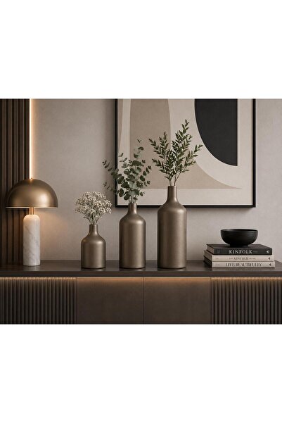GENART HOME BRONZ AHŞAP VAZO SETİ 3 LÜ