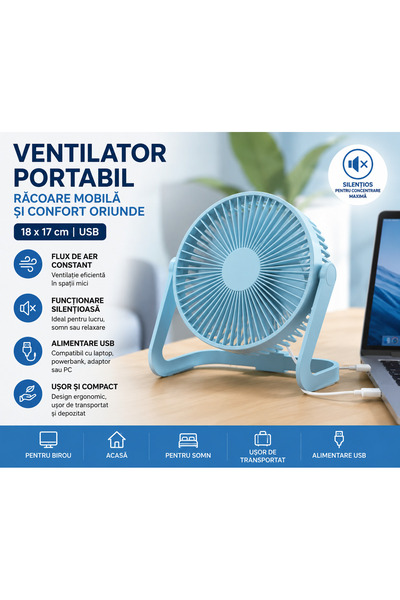 OEM Ventilator Portabil USB 18 × 17 cm, Silențios, Compact, Alimentare USB, A...