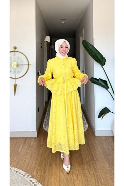 Moda Asrın Tesettür Takım Fisto Kumaş Astarlı Etek-Gömlek - Sarı